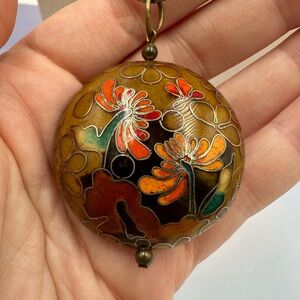 Vintage Floral Cloisonné Puffy 2” Circle Pendant Necklace